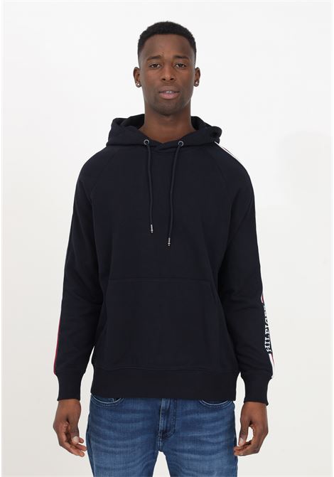 Blue men's sweatshirt with hood and drawstring and global stripes on the sleeves TOMMY HILFIGER | MW0MW33662DW5DW5